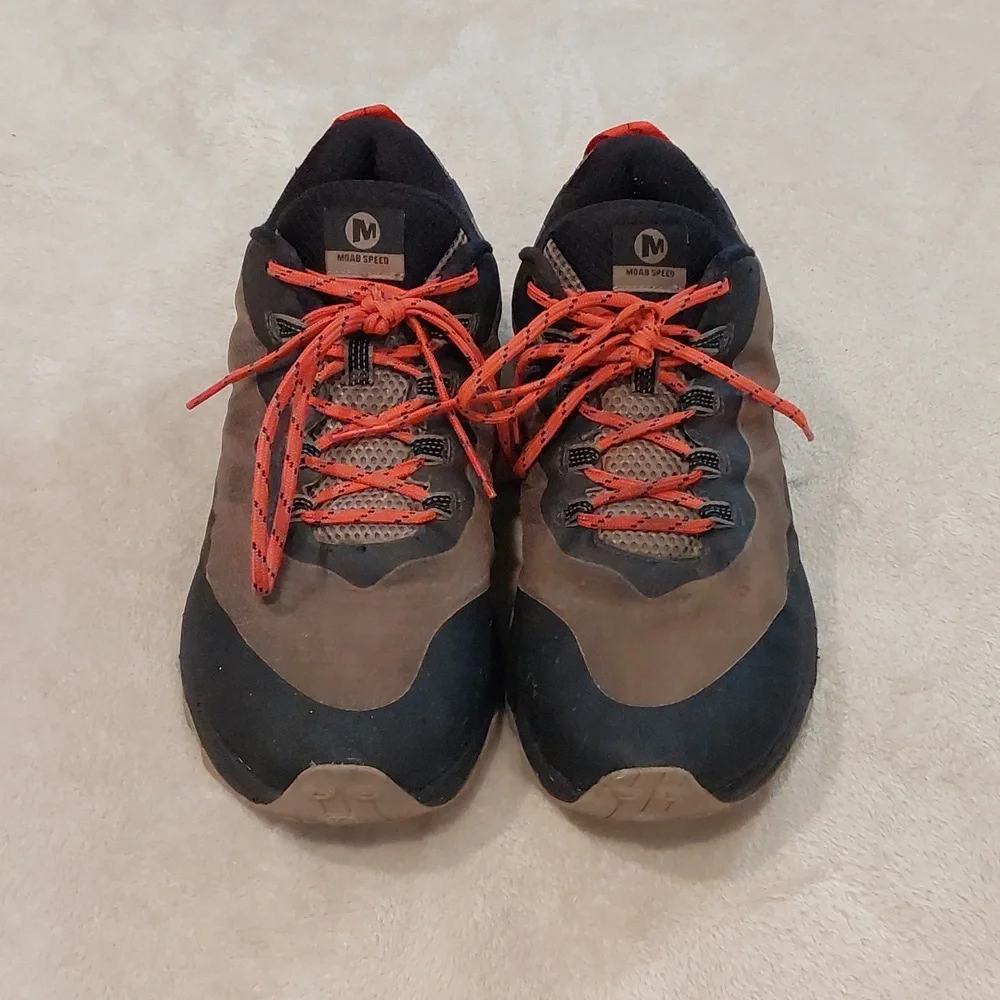 Merrell Men's Moab Speed hiking shoes black & brown with orange laces Sz 10.5 - Picture 2 of 11